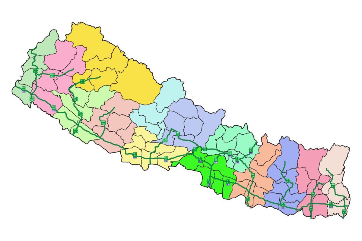Kart over nepal med store motorveier
