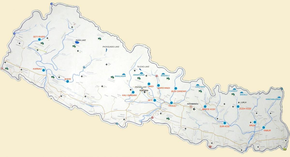 kart over nepal viser elver