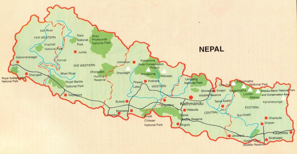 kart over nepal med turist-steder