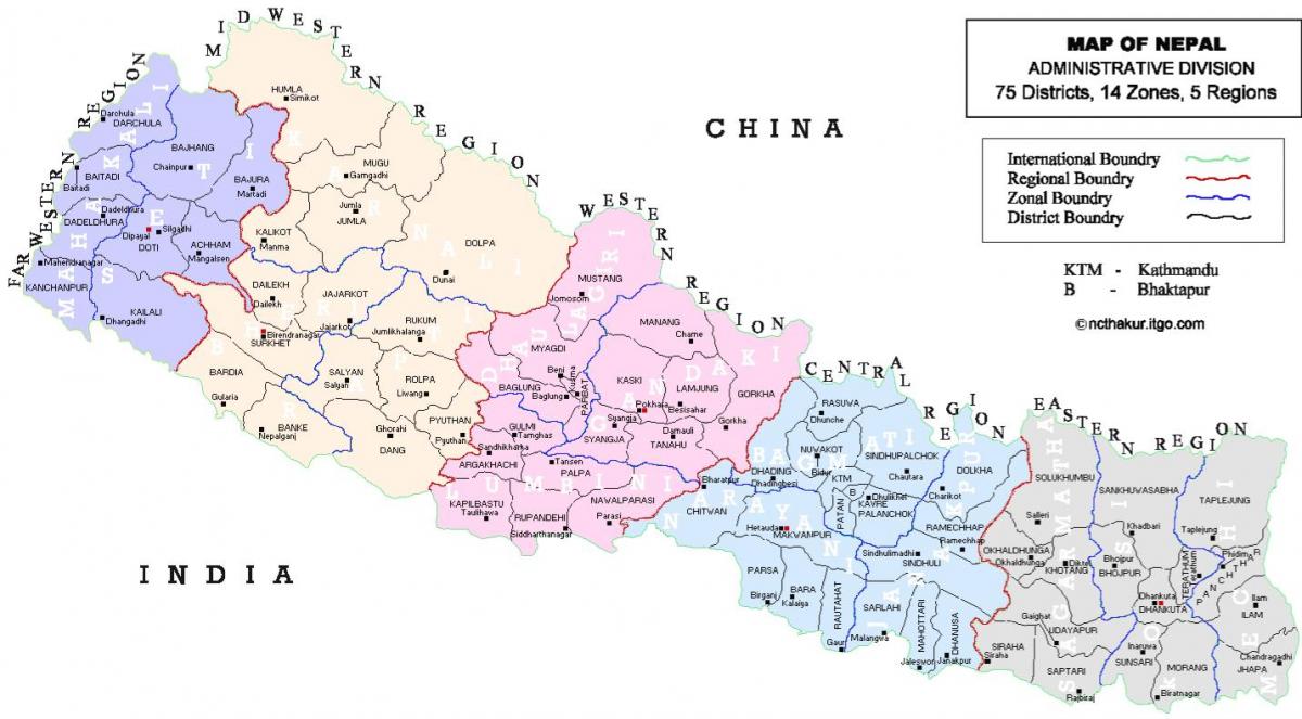 nepal politiske kartet med distriktene