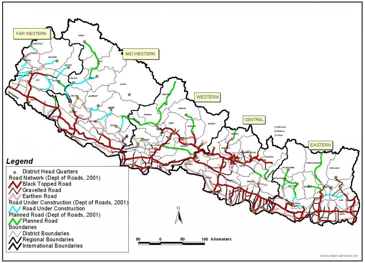 Kart over veien nepal med distriktene