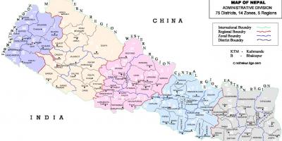 Nepal politiske kartet med distriktene