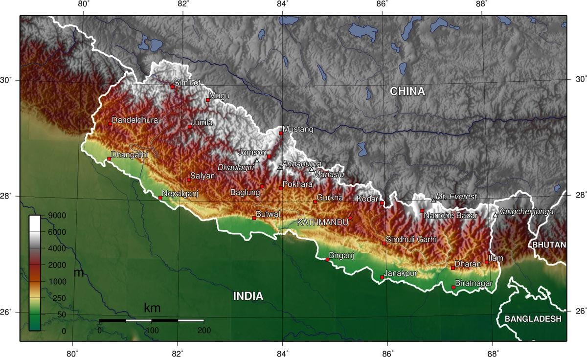 nepal høyde kartet